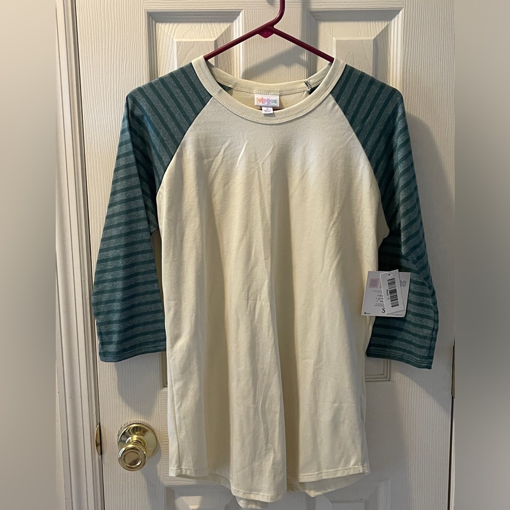Lularoe Randy Cream with Green Striped 3/4 Sleeve T Shirt, Size S NWT